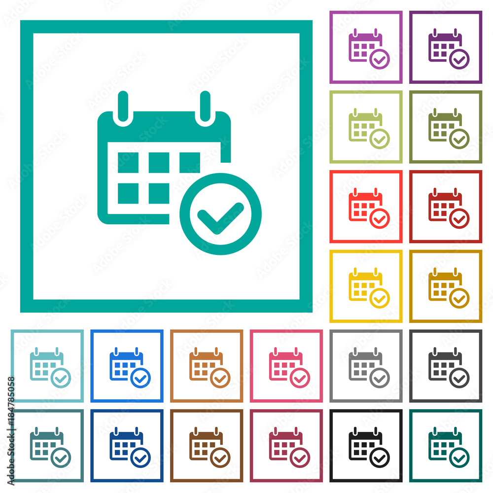Poster calendar check flat color icons with quadrant frames