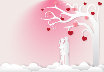 Couple standing under tree on pink background, paper art, paper craft style illustration