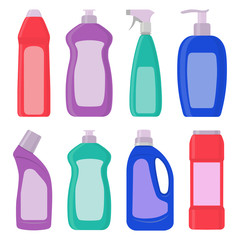 The bottles of detergent, washing powder, detergent powder, bottle of spray, a means for washing dishes. A simple illustration in the flat style, isolated on white background.