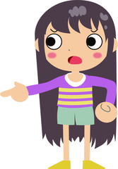 Purple shirt long hair girl point out