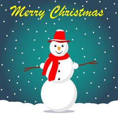 Cartoon cute snowman in a cap and scarf on snowy christmas winter background. Vector illustration.