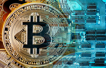 Bitcoin on a printed circuit board background