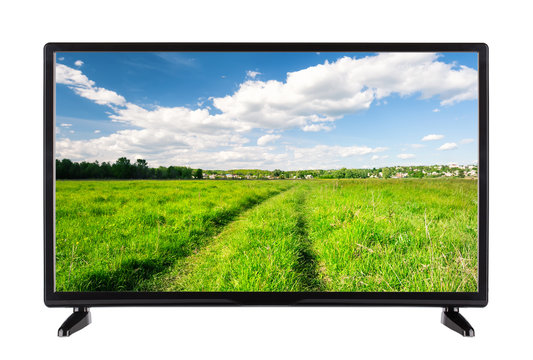 Flat high definition TV with a country road on the screen