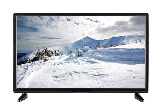 Flat-screen TV with high resolution and winter landscape on it