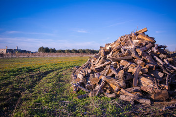 Close Up Of A Wood Pile On Sunny Italian Landscape Countryside Background
