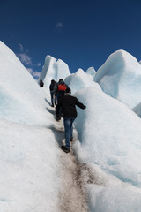 A group of tourists trekking on the ice of Perito Moreno Glacier, Argentina against a bright blue sky