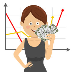 Businesswoman with fan of money over positive graph