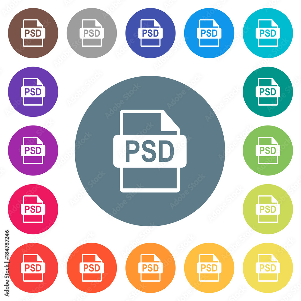 Poster psd file format flat white icons on round color backgrounds