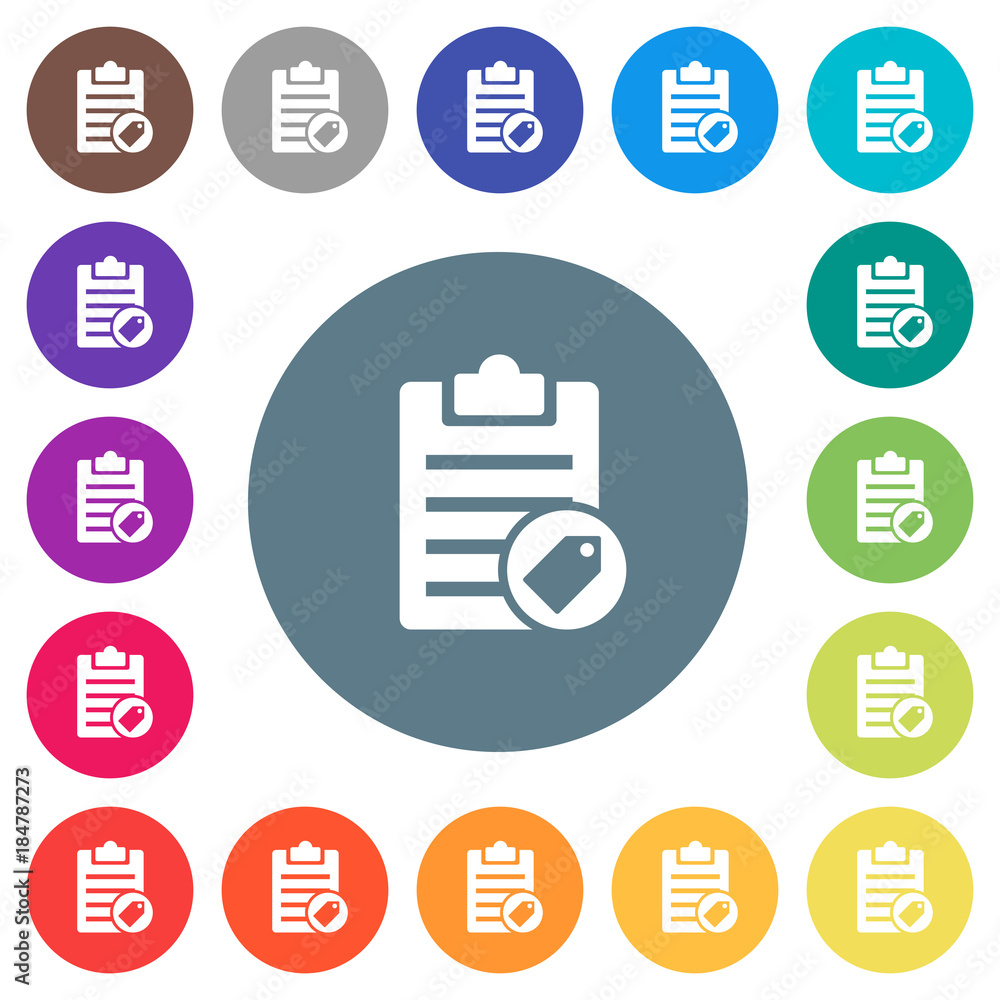 Poster note tagging flat white icons on round color backgrounds