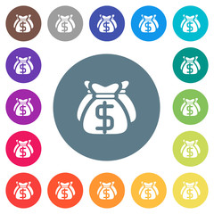 Dollar bags flat white icons on round color backgrounds