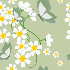 Gordijnen Beauty in nature, tiny daisy and butterflies seamless pattern vector. Sweet and lovely nature on pastel green color.  © misspin