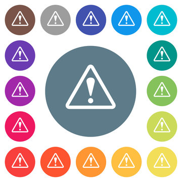 Triangle shaped warning sign flat white icons on round color backgrounds