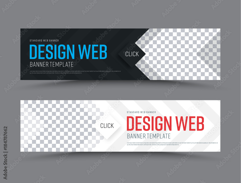 Poster black and white horizontal web banner template with arrow and diamond-shaped button