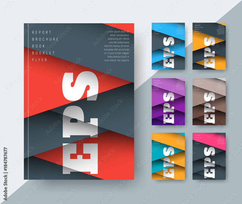 Poster set of vector covers for a report in a modern style of material design with floating sheets.