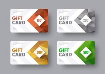 Template of a vector white gift card with an arrow and polygonal abstract multicolored elements