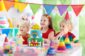 Obraz na płótnie Canvas Kids party. Birthday cake with candles for child.