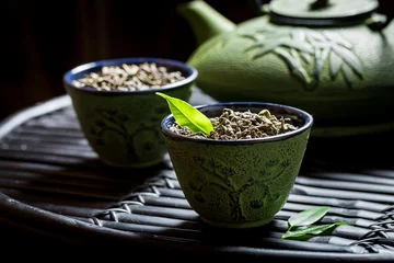 Papier Peint photo Theé Closeup of healthy green tea on black bamboo table