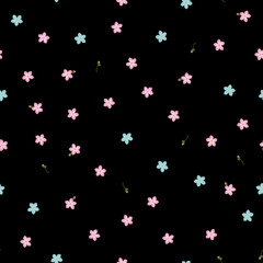 Seamless floral pattern forget-me-not blue and pink flowers. Myosotis gentle flower pattern on black background, vector, eps 10