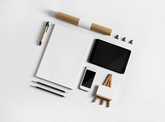 Blank corporate stationery and gadgets. Branding stationery mockup. Blank objects for placing your design. Flat lay.