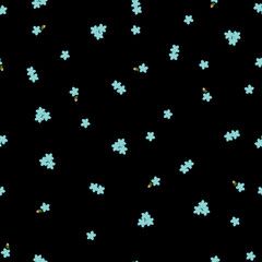 Seamless floral pattern forget-me-not blue flowers. Myosotis gentle flower pattern on black background, vector, eps 10