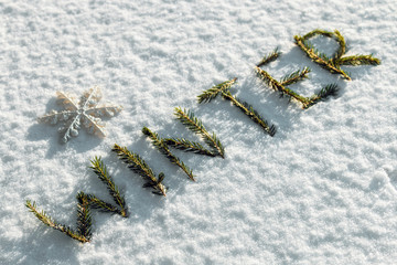 Winter word composed of fir branches on the white snow. holiday decorations