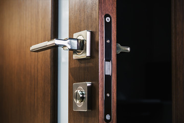 door handle and latch of brass on veneer doors
