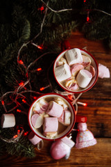Christmas Hot Chocolate with Marshmallows in Red Mugs, square