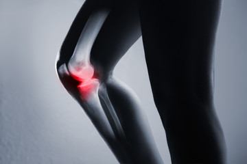 Human knee joint and leg in x-ray, on gray background