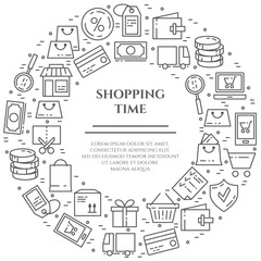 Shopping theme horizontal banner. Pictograms of bag, credit card, shop, delivery, cash, wallet, cart, sticker and other purchases related elements. Vector illustration.