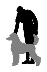 Owner girl keeps the Royal French Poodle dog champion on the stage vector silhouette illustration isolated. Dog show exhibition. 