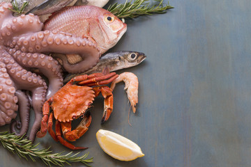 Fresh fish and seafood lay on blue wooden background.