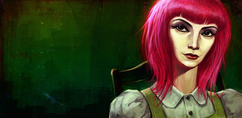 Illustration of a beautiful girl in a pink wig. Cover for the book. The image is ready for printing and wallpaper. Painting for interior and banner.