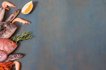 Fresh fish and seafood lay on blue wooden background with copy space.