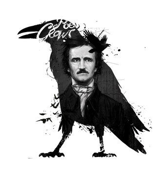 Edgar Allan Poe, drawing on isolated white background for print and web.Black and white composition and calligraphy for the interior. Painting graffiti on the wall.
