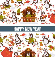 Obraz na płótnie Canvas Happy New Year 2018 cartoon dog celebrating holidays greeting card design template.