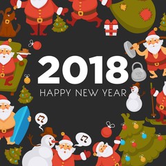 Happy New Year cartoon Santa celebrating holidays or having leisure summer fun icons for greeting card design.
