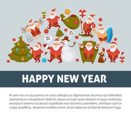 Happy New Year 2018 poster with Santa Clauses in traditional costume, sport suit and swimming trunks, snowman in hat, decorated Christmas tree