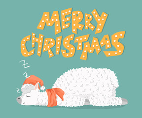cute cartoon lama alpaca in santa claus hat and unique hand drawn lettering- merry christmas. unique design for cards, posters, t-shirts, invitations, patch and stickers © dromp