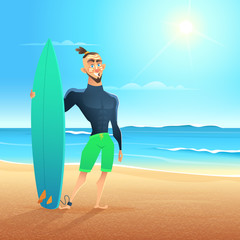 Surfer on the beach. Vector cartoon illustration. Sunny day, sandy coast, waves on the sea, man stands with surfboard