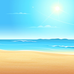 Fototapeta na wymiar View of the sea beach with waves, Sandy coast clean blue sky the sun shines.