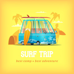 Surf camp vector illustration. Surf bus on a background of palm beach girl holding a surfboard and camp tent