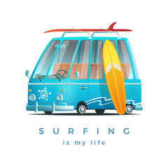 Cartoon design surf van boster. Surfing bus vector illustration isolated on white.