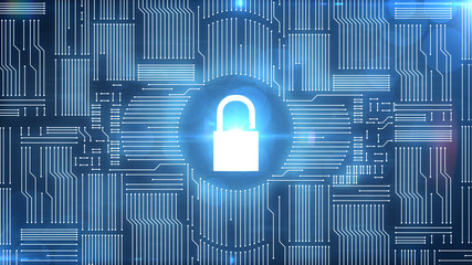 Blue padlock icon on computer circuit background symbolizing cyber attacks and hacking - 184794837
