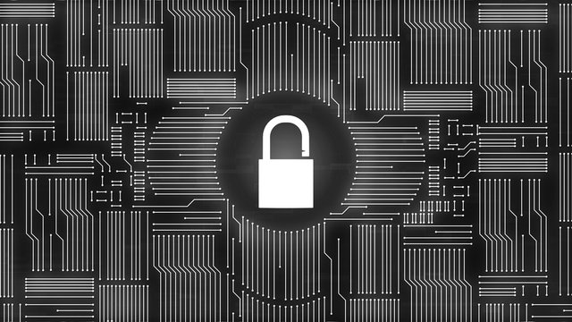 Monochrome padlock icon on computer circuit background symbolizing cyber attacks and hacking