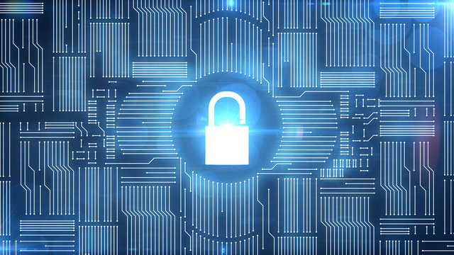 Blue padlock icon on computer circuit background symbolizing cyber attacks and hacking