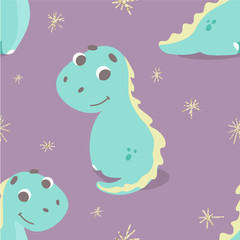 Cute seamless pattern with vector dinosaur in flat style. children's illustration of dino, perfect design for cards, t-shirt or apparel print, sticker or patch design