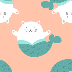 cute seamless pattern with cartoon purrmaid in flat style . Doodle vector illustration of cute cat mermaid.design for patch, t-short print, poster, wrapping paper or card