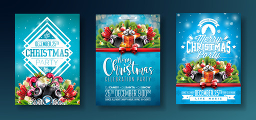 Vector Merry Christmas Party design with holiday typography elements and speakers on shiny blue background. Celebration Fliyer Illustration Set.