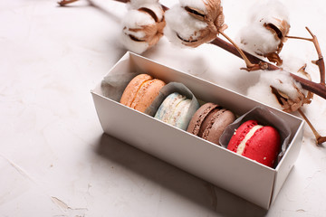 Stylish gift box with french macaroons and cotton flowers on white background, copy space