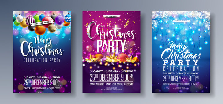 Vector Merry Christmas Party Flyer Illustration with Holiday Typography Elements and Multicolor Ornamental Balls, Cutout Paper Star, Light Garland on Shiny Background. Celebration Poster Design Set.